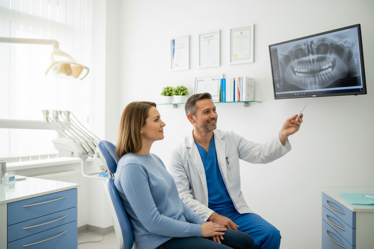 Dentist showing a patient an x-ray on a screen in a dental office.